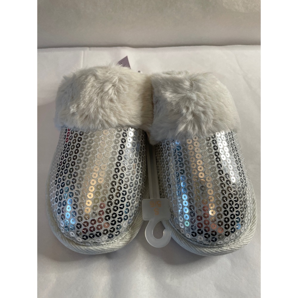 Auden Women Silver Sequin Faux Fur Trim Scuff Slippers Size S 5-6 New